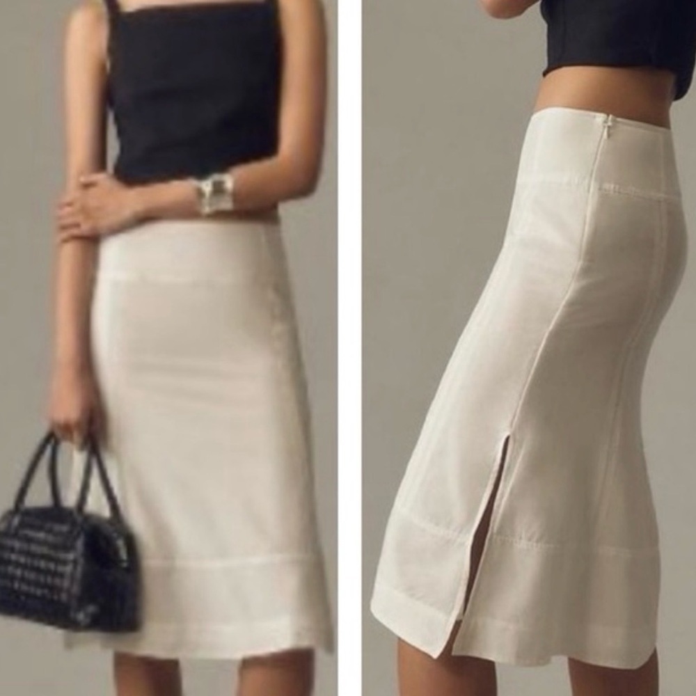 🌿🐛NWT Anthropologie White Sheer Seamed Fluted Silk/Cotton Blend Pencil Skirt